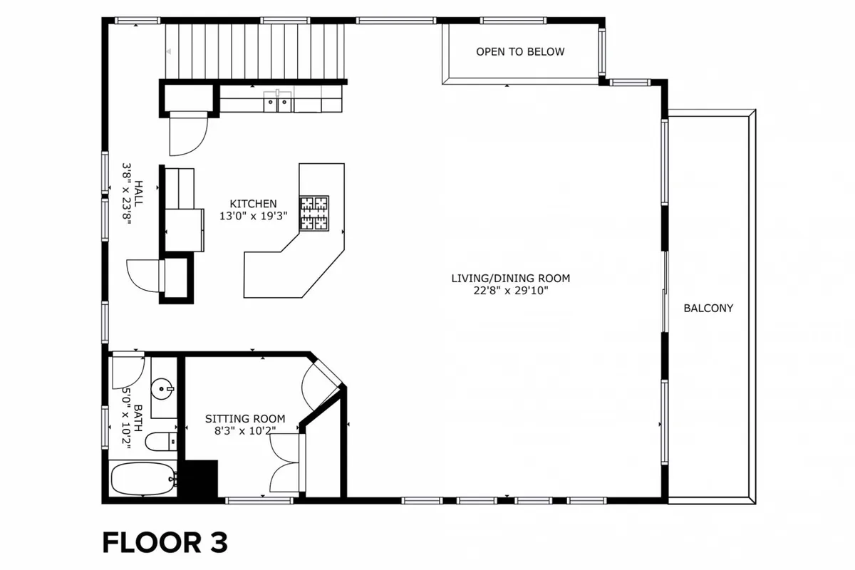 This interior shot captures a welcoming living and dining area seamlessly connected to a balcony through wide glass doors. The kitchen and comfortable seating area are visible, with the balcony beyond promising an easy flow between indoor and outdoor spaces.