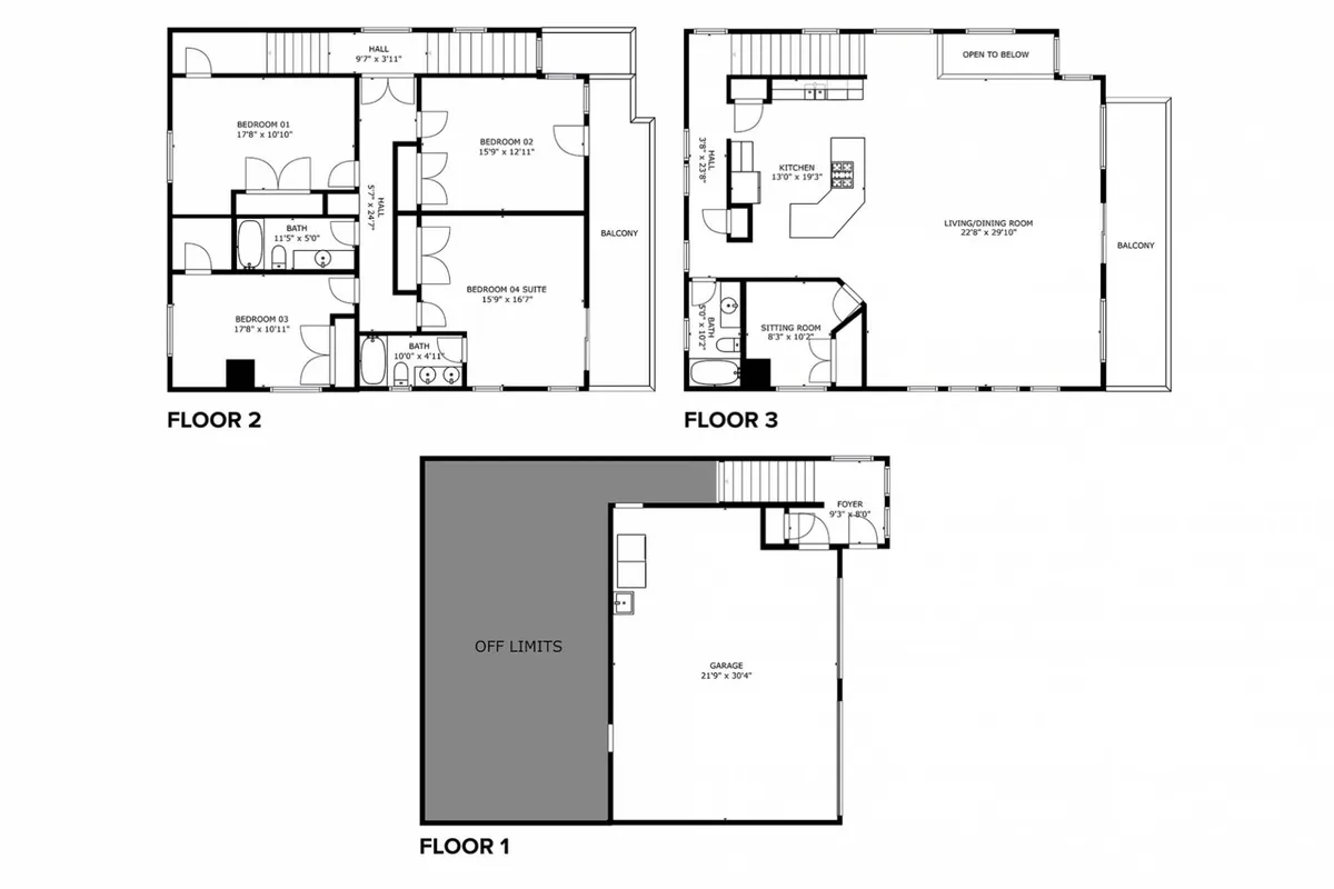 A spacious, light-filled interior showcasing an open kitchen, living room, inviting balconies, and glimpses of bedrooms and the garage. The layout is clearly suited for groups, with plenty of space for gathering, entertaining, and relaxing after a day of exploring.